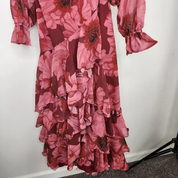NEW Hutch Kya Long-Sleeve V-Neck Printed Tiered Wrap Maxi Dress Red Small
